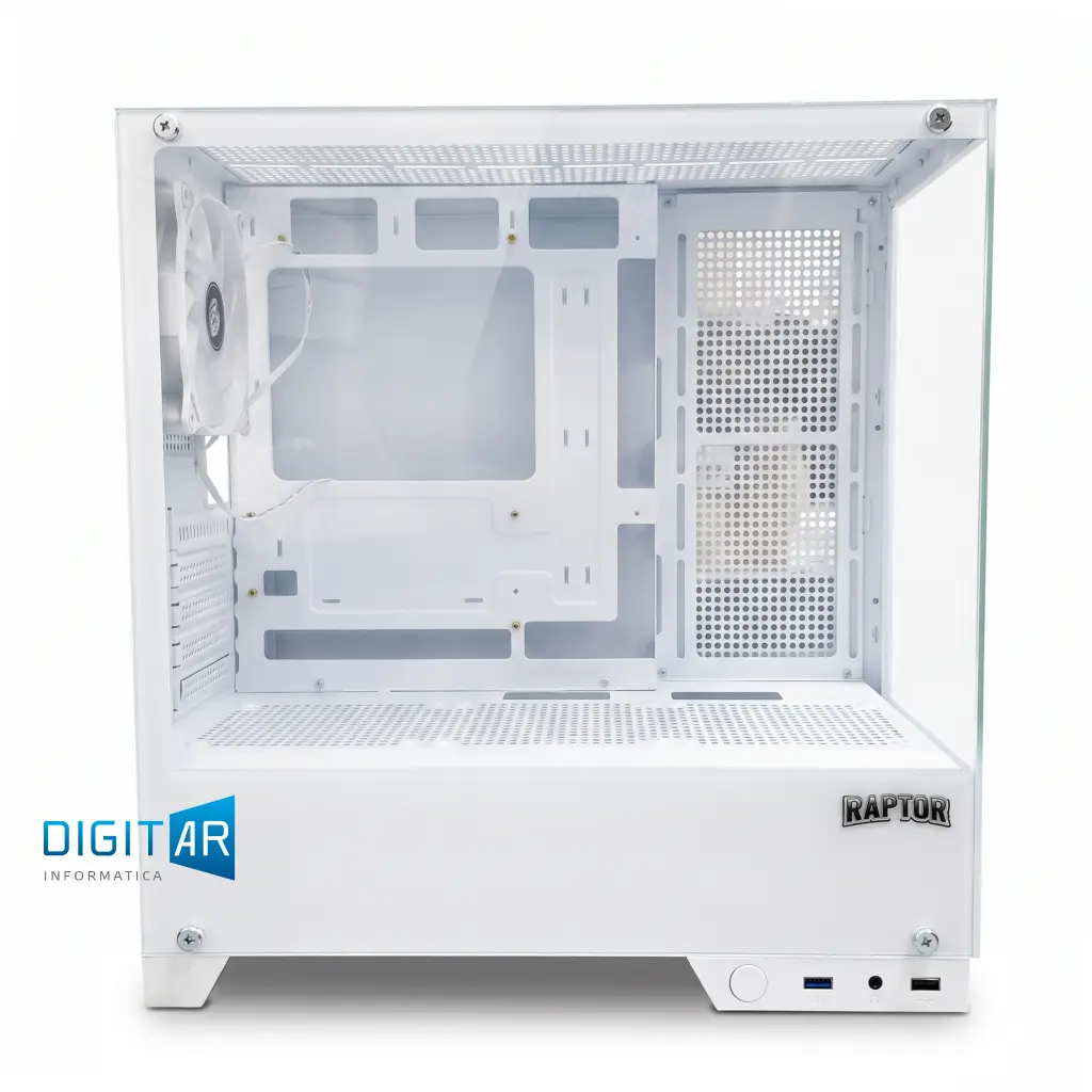 Gabinete Raptor Thunder Strike blanco vidrio templado x2 Mid-Tower 1 cooler RGB lado.webp