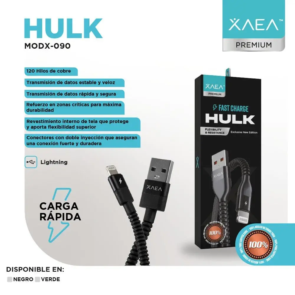 Cable lightning a usb 3.0 carga rápida Xaea Hulk 1mt Carga y datos premium negro-3.webp