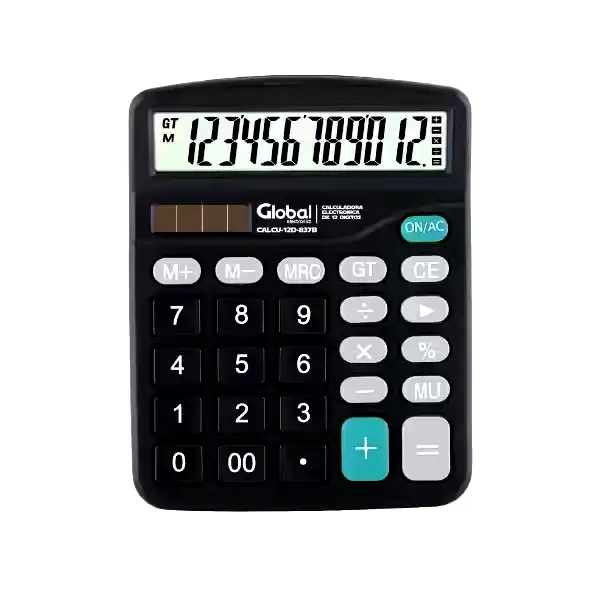 Calculadora 12 dígitos metálica Global  837b negra con botones grandes y tamaño 151x120x50mm 