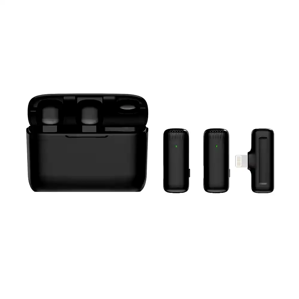 Micrófonos corbateros inalámbricos doble recargables J13i Iphone Ipad p/entrevistas y videos en vivo reducción de ruido c/accesorios - Lightning 