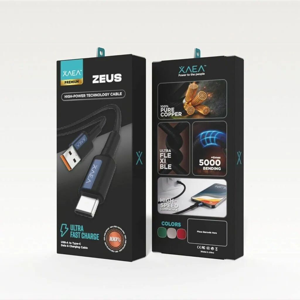 Cable usb c a usb c carga rápida Xaea Zeus 1mt carga y datos premium negro 100% cobre