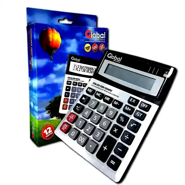 [CALCU-12D-1200V] Calculadora 12 dígitos metálica Global 1200v plateada con botones grandes y tamaño 192x147x42mm 