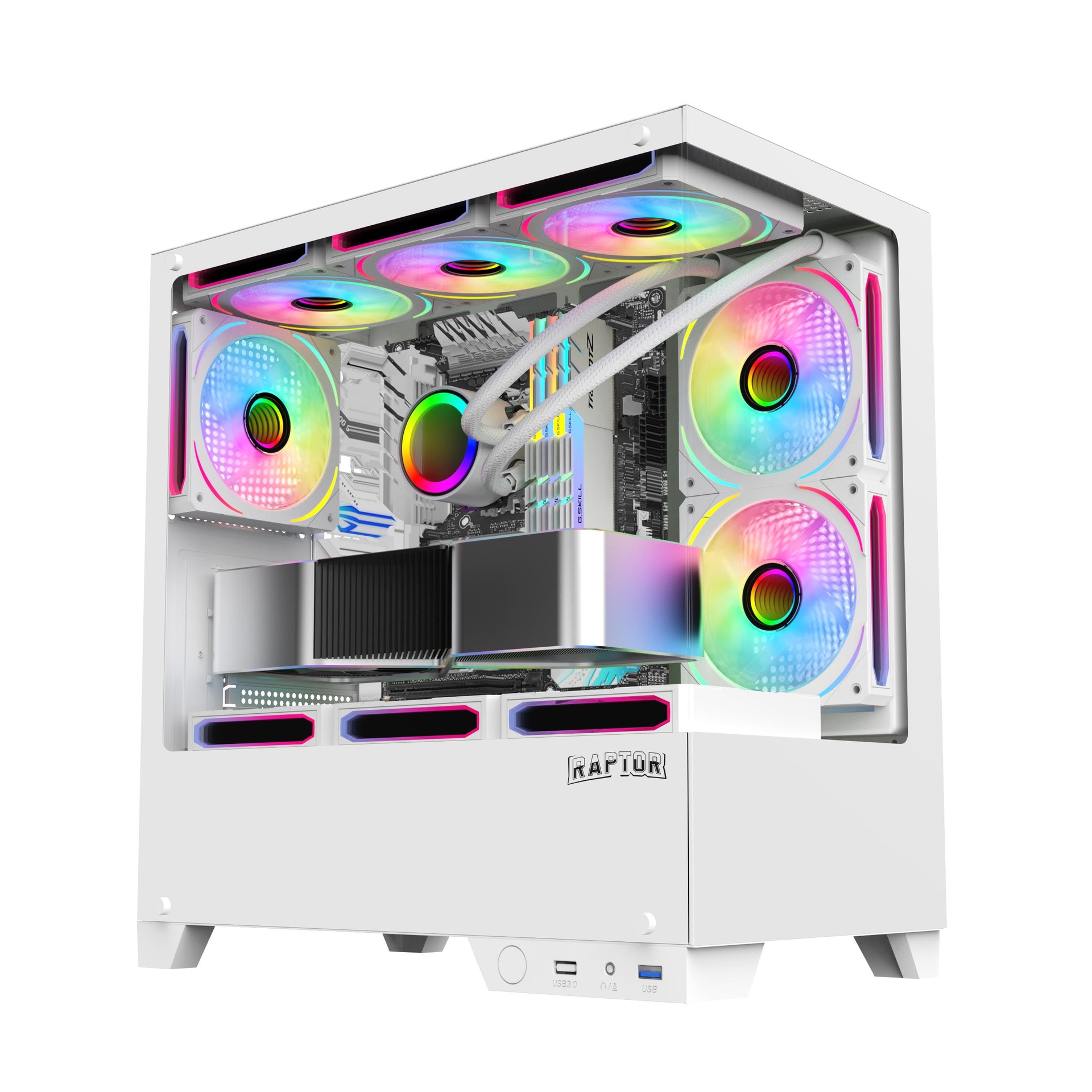 Gabinete Raptor Thunder Strike vidrio templado x2 Mid-Tower 1 cooler RGB blanco